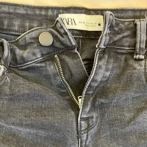 Zara Sz 6 Charcoal Washed Black Slim Flare Jeans Mid Rise Stretchy Raw Hem - Picture 16 of 16